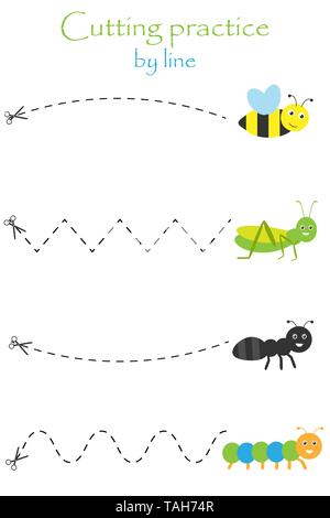 Insetti in stile cartoon, istruzione cut gioco per lo sviluppo dei bambini di età prescolare, usare le forbici, pratica di taglio dalla linea, illustrazione vettoriale Illustrazione Vettoriale