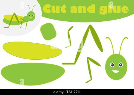 Grasshopper in stile cartoon, educazione gioco per lo sviluppo dei bambini di età prescolare, utilizzare forbici e colla per creare l'applique, tagliare parti del Illustrazione Vettoriale