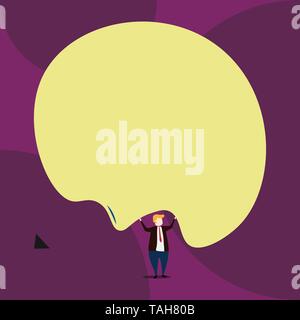 Vista frontale in piedi uomo vestito tuta legare due mani in alto grande pallone sgonfiato Illustrazione Vettoriale