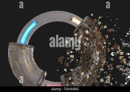 3D rendering, scientifico anello meccanico in spazio esterno. Computer sfondo digitale. Foto Stock