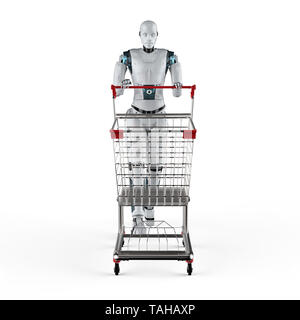 Shopping online con il concetto di rendering 3d attesa robot carrello Foto Stock