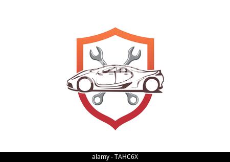 Illustrazione del design dell'icona vettoriale con chiave e cacciavite per scudo per auto Illustrazione Vettoriale