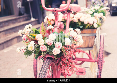 Rusty triciclo bike con vaso di fiori nel vassoio contro blured sfondo. Foto Stock