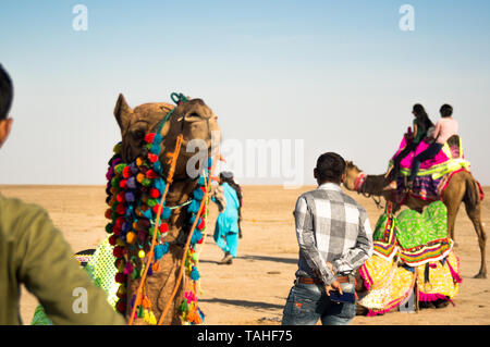 Rann di Kutch, Gujarat, India - circa 2018 : Camel herder proprietario sorge nei pressi decorato in maniera colorata camel nel bianco deserto di sabbia in Gujarat, Rajasthan. Foto Stock