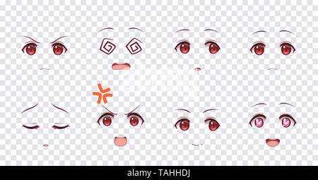 Rreal cartoon occhi rossi delle anime manga ragazze, in stile Giapponese. Insieme di emozioni diverse Illustrazione Vettoriale