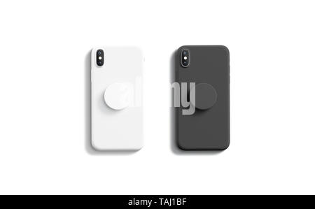 Bianco e nero bianco prese pop attaccato sul telefono cellulare mockups, isolata, vista dall'alto, rendering 3d. Gomma vuota popsocket titolare sullo smartphone mock Foto Stock