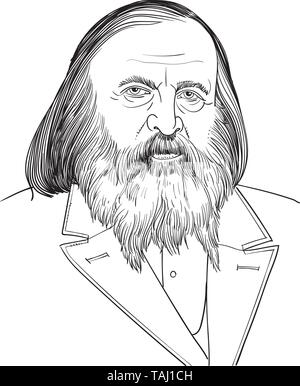 Dmitri Mendeleev (1834-1907) ritratto in linea tecnica illustrazione. Egli fu un chimico russo che ha sviluppato la classificazione periodica degli elementi. Illustrazione Vettoriale