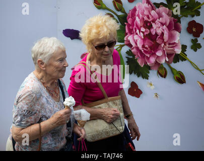 Londra, UK, 25 maggio 2019,i visitatori potranno gustarsi un gelato al RHS Chelsea Flower Show nel giorno finale. Il rinomato in tutto il mondo flower show è un affascinante e divertente e un percorso educativo giornata fuori che era frequentato da molte celebrità durante tutta la settimana. Ci sono molti giardini floreali e tabelloni elettronici tutti insieme nella gloriosa motivi del Royal Hospital Chelsea, essendo il giorno finale le piante sono vendute alla fine del pomeriggio. Credito: Keith Larby/Alamy Live News Foto Stock