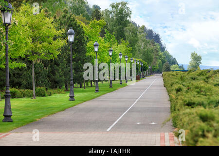 Una dritta strada asfaltata e una pista ciclabile andare lungo una bellissima, ritagliato prato verde attraverso un estate park, sul bordo della strada sono molte belle vecchie Foto Stock