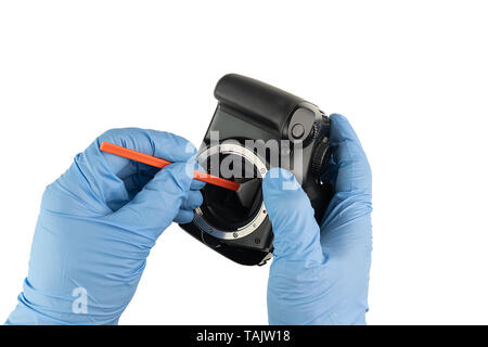 Pulizia professionale di un alloggiamento per la telecamera con un bastoncino di cotone e i guanti Foto Stock