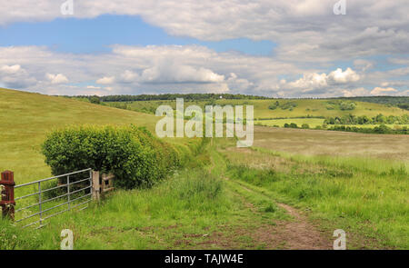 Un inglese un paesaggio rurale con la via attraverso un campo di Chiltern Hills e il mulino a vento sulla collina Foto Stock