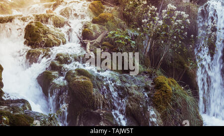 Misty la cascata e il lago entro il colorato Parco Nazionale di Plitvice in Croazia Foto Stock