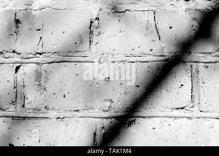 Il vecchio dipinto di un muro di mattoni con ombre di rami su di esso in una giornata di sole. In bianco e nero di sfondo astratto Foto Stock