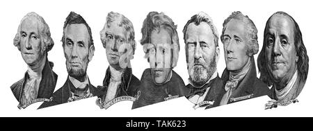 Ritratti di America presidenti e politici di dollari isolati su sfondo bianco. Foto a un angolo di quarantacinque gradi. Foto Stock
