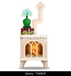 Bianco elegante stufa con libri e Vaso con fiori blu isolato su sfondo bianco. Vector cartoon close-up illustrazione. Illustrazione Vettoriale