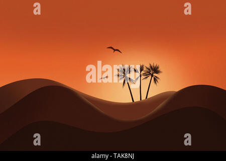 Bel tramonto e silhouette di paesaggio desertico con cielo incandescente e Palm tree. Foto Stock