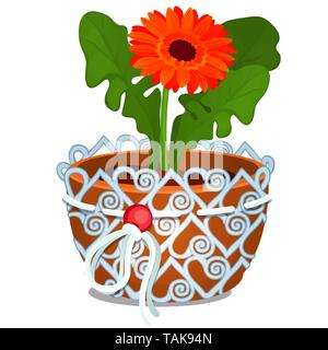 Fiore di arancia di calendula officinalis o calendula cresce in una pentola di creta decorate con motivi in pizzo isolati su sfondo bianco. Vettore di cartoon Illustrazione Vettoriale