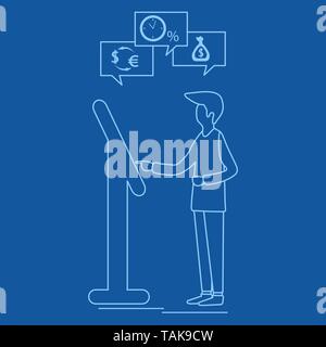 Illustrazione Vettoriale con uomo sceglie una transazione bancaria al terminale: pagamento prestito, deposito bancario, cambio valuta. I servizi finanziari. Uso di banki Illustrazione Vettoriale