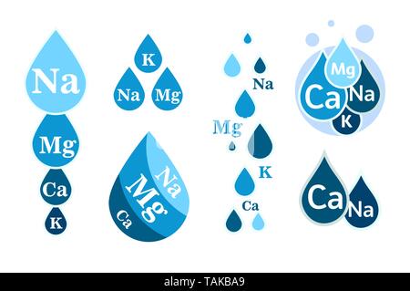 Set di acqua minerale e la relativa icona. Gocce di blu con le designazioni di minerali. Semplice piatto logos modello. Acqua salubre emblemi moderna idea. Vettore isolato semplice Illustrazione Vettoriale