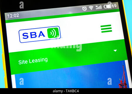 Berdyansk, Ucraina - 12 Maggio 2019: Editoriale illustrativa di SBA Communications website homepage. SBA logo comunicazioni visibili sullo schermo del telefono Foto Stock