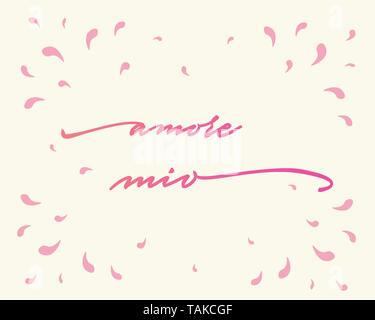 Amore mio Buon San Valentino scritte a mano - Sfondo tipografici impostato con ornamenti, cuori, nastro, Angelo e la freccia Illustrazione Vettoriale