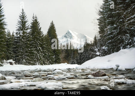 Una lunga esposizione foto - winter river, l'acqua che scorre sulle rocce ricoperte di neve, alberi su entrambi i lati, montare il picco Krivan - Repubblica Slovacca - simbolo della distanza Foto Stock
