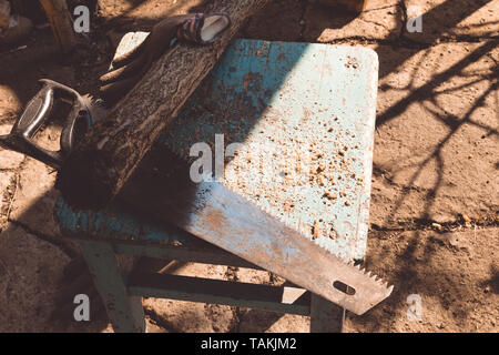 Strumento di lavoro per la potatura di alberi. Visto giace su uno sgabello con segatura Foto Stock