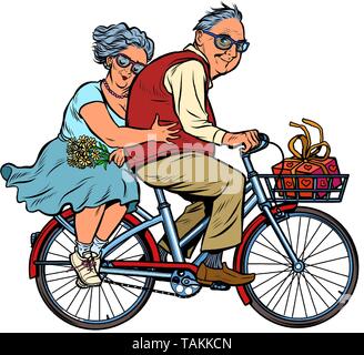 Il vecchio uomo e donna giovane in amore, in sella a una moto. Uno stile di vita attivo. La Pop art retrò illustrazione vettoriale kitsch vintage Illustrazione Vettoriale