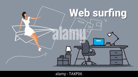Imprenditrice battenti sul piano della carta di navigazione online web surfing concetto business donna utilizzando il browser del computer al posto di lavoro scrivania schizzo doodle Illustrazione Vettoriale