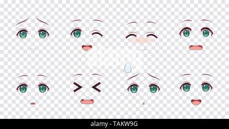 Rreal cartoon occhi verdi di anime manga ragazze, in stile Giapponese. Insieme di emozioni diverse Illustrazione Vettoriale