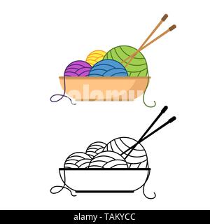 Sfere multicolore di filato giacciono in una ciotola con aghi da maglia illustrazione vettoriale Illustrazione Vettoriale