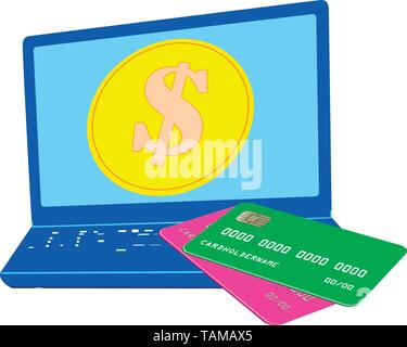 Disegno piano del laptop . Il dollaro e il concetto di reddito su Internet. Moneta da dollaro . Lavorare su un computer su Internet. Vettore Illustrazione Vettoriale