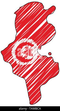 Tunisia mappa disegnata a mano sketch. Concetto di vettore illustrazione flag di disegno per bambini, scribble mappa. Mappa del paese per una infografica, brochure e Illustrazione Vettoriale