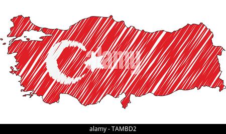 La Turchia mappa disegnata a mano sketch. Concetto di vettore illustrazione flag di disegno per bambini, scribble mappa. Mappa del paese per una infografica, brochure e Illustrazione Vettoriale