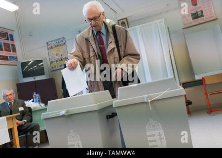 (190526) -- BUDAPEST, 26 maggio 2019 (Xinhua) -- Un uomo voti ad un seggio elettorale durante le elezioni del Parlamento europeo a Budapest, in Ungheria il 26 maggio 2019. (Xinhua/Attila Volgyi) Foto Stock