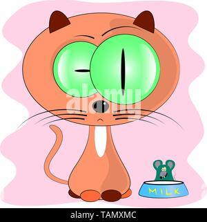 Gatto divertente e una scodella di latte cartoon illustrazione vettoriale. cute kitty cartoon illustrazione vettoriale. Illustrazione Vettoriale