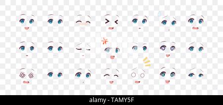 Rreal cartoon occhi di anime (manga) ragazze, in stile Giapponese. Insieme di emozioni diverse Illustrazione Vettoriale