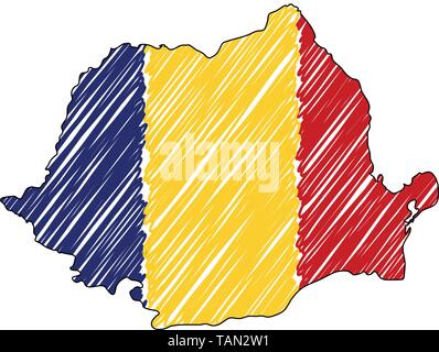 La Romania mappa disegnata a mano sketch. Concetto di vettore illustrazione flag di disegno per bambini, scribble mappa. Mappa del paese per una infografica, brochure e Illustrazione Vettoriale