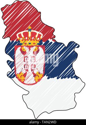 La Serbia mappa disegnata a mano sketch. Concetto di vettore illustrazione flag di disegno per bambini, scribble mappa. Mappa del paese per una infografica, brochure e Illustrazione Vettoriale