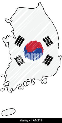 Corea del Sud mappa disegnata a mano sketch. Concetto di vettore illustrazione flag di disegno per bambini, scribble mappa. Mappa del paese per una infografica, brochure e Illustrazione Vettoriale