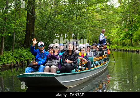 I turisti provenienti dalla Cina a bordo di una barca in un tradizionale Spreewald punt sul fiume Spree, Lehde vicino a Luebbenau, regione Spreewald, Germania Foto Stock