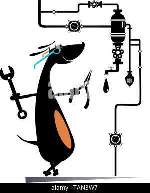 Fumetto cane meccanico tubo riparazioni costruzione illustrazione.carino bassotto riparazioni costruzione della tubazione utilizzando una chiave grande e pinze di combinazione isolata Illustrazione Vettoriale