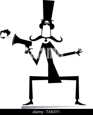 L'uomo, megafono e le news isolato illustrazione. Cartoon i baffi nella top hat uomo con megafono annuncio rende nero su bianco Illustrazione Vettoriale