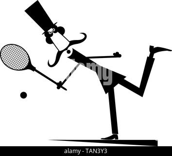 Gentiluomo gioca tennis illustrazione isolato. I baffi uomo nella top hat gioca tennis nero su bianco Illustrazione Vettoriale