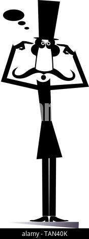 I baffi uomo nella top hat punti due dita per la sua testa e la pensa come risolvere il problema o crea nuove idee nero su bianco illustrazione Illustrazione Vettoriale