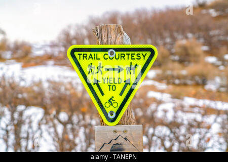 Triangolo invertito Trail resa di cortesia a firmare con la grafica e le frecce. Alberi su un paesaggi innevati in inverno può essere visto in backgr sfocata Foto Stock