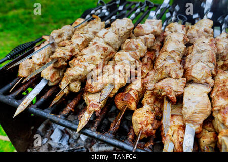 Barbecue spiedini spiedini di carne con grill kebab cottura su un barbecue Foto Stock