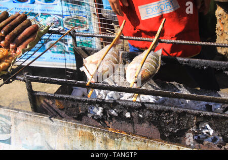 Chiusura del barbecue tradizionale cibo di strada con due pesci su spiedini sulla brace - Vang Vieng, Laos Foto Stock