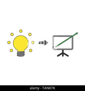 Icona vettore concetto di luce incandescente lampadina con grafico delle vendite freccia nello spostamento verso l'alto. Contorni neri e colorati. Illustrazione Vettoriale