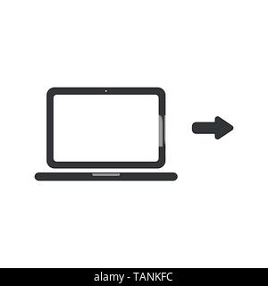 Icona vettore concetto di computer portatile con la freccia rivolta a destra. Contorni neri e colorati. Illustrazione Vettoriale
